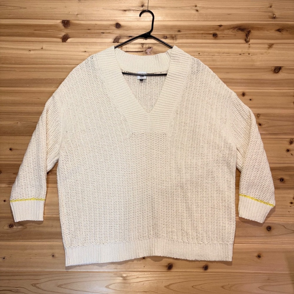 Cabi Sweater Womens Large Cream Croquet Knit Long Sleeve Pullover V-Neck Sweater